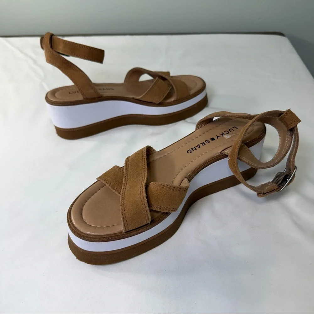 Lucky Brand‎ Women’s Size 6 Sandals Tarhi Brown Suede Ankle Strap Wedge Platform